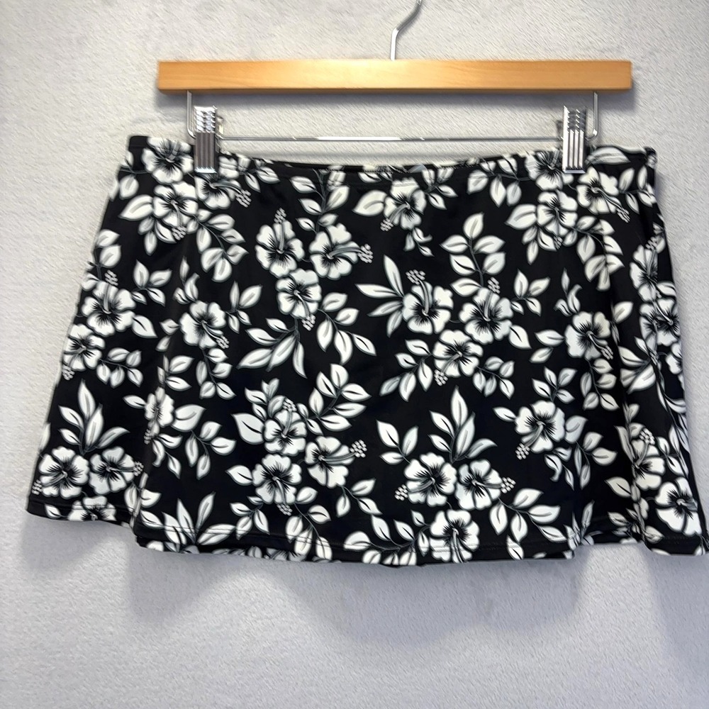 Jantzen Swim Skirt Womens 16 Black Floral Lined Built-In Brief Nylon Spandex